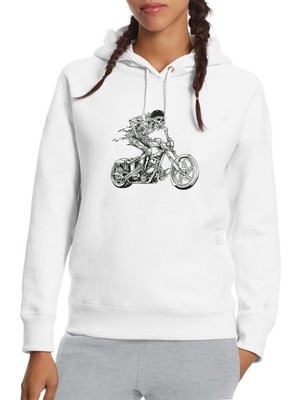 Qivi Motosikletli Iskelet Baskılı Beyaz Kadın Örme Kapşonlu Sweatshirt Uzun Kol