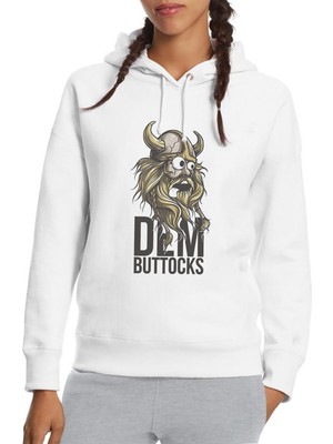 Qivi Dem Buttocks Baskılı Beyaz Kadın Örme Kapşonlu Sweatshirt Uzun Kol
