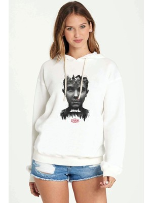 Qivi Stranger Things The Upside Down Baskılı Beyaz Kadın Örme Kapşonlu Sweatshirt Uzun Kol