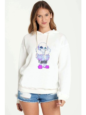 Qivi Undertale Mozaik Baskılı Beyaz Kadın Örme Kapşonlu Sweatshirt Uzun Kol