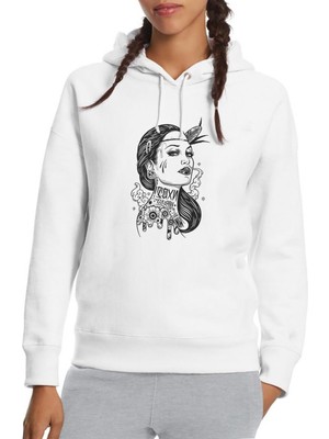 Qivi Gamblıng Girl Baskılı Beyaz Kadın Örme Kapşonlu Sweatshirt Uzun Kol