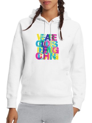 Qivi Color Design Baskılı Beyaz Kadın Örme Kapşonlu Sweatshirt Uzun Kol