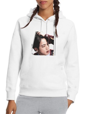 Qivi K Pop Jin Koreli Muzik Grubu Baskılı Beyaz Kadın Örme Kapşonlu Sweatshirt Uzun Kol