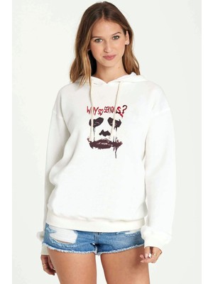 Qivi Joker Why S0 Serıous Baskılı Beyaz Kadın Örme Kapşonlu Sweatshirt Uzun Kol