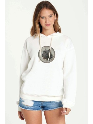 Qivi Cane Corse Jpeg Baskılı Beyaz Kadın Örme Kapşonlu Sweatshirt Uzun Kol