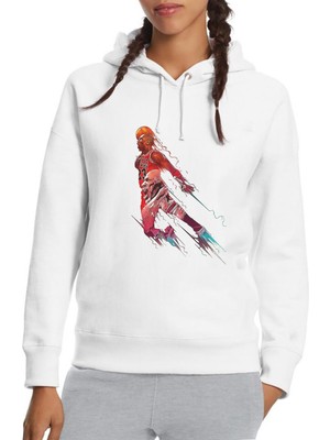 Qivi Basketbol Oyuncusu Baskılı Beyaz Kadın Örme Kapşonlu Sweatshirt Uzun Kol