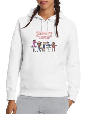 Qivi Schwifty Things On The Upside Time Baskılı Beyaz Kadın Örme Kapşonlu Sweatshirt Uzun Kol