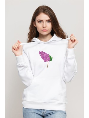 Qivi Pembe Çiçekler Illüstrasyon Leylak Çiçeği Baskılı Beyaz Kadın Örme Kapşonlu Sweatshirt Uzun Kol