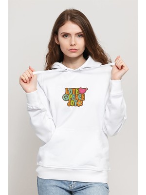 Qivi Love Peace Joy Grunge Baskılı Beyaz Kadın Örme Kapşonlu Sweatshirt Uzun Kol