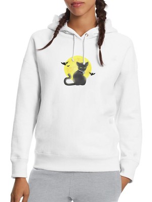 Qivi Cat On The Moon Baskılı Beyaz Kadın Örme Kapşonlu Sweatshirt Uzun Kol
