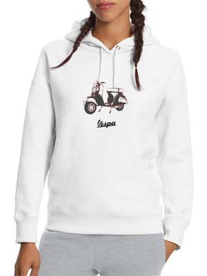 Qivi Vespa Baskılı Beyaz Kadın Örme Kapşonlu Sweatshirt Uzun Kol