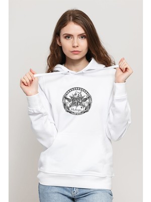 Qivi Baby Metal City Of Batik Metal Baskılı Beyaz Kadın Örme Kapşonlu Sweatshirt Uzun Kol