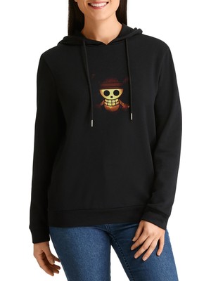 Qivi Straw Hat Pirate Flag Baskılı Siyah Kadın Örme Kapşonlu Sweashirt Uzun Kol