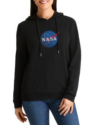 Qivi Vans x Nasa Baskılı Siyah Kadın Örme Kapşonlu Sweashirt Uzun Kol