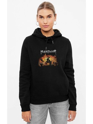 Qivi Manowar The Lord Of Steel 2 Baskılı Siyah Kadın Örme Kapşonlu Sweashirt Uzun Kol