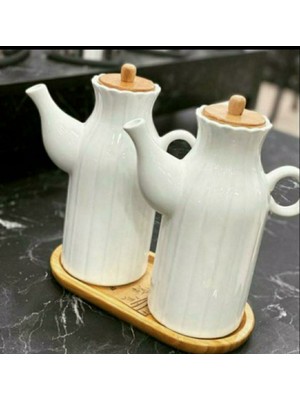 Kitchen Pembelia 2 Adet Porselen 1 Lt Yağdanlık ve Bambu Altlık 3 Lu Set
