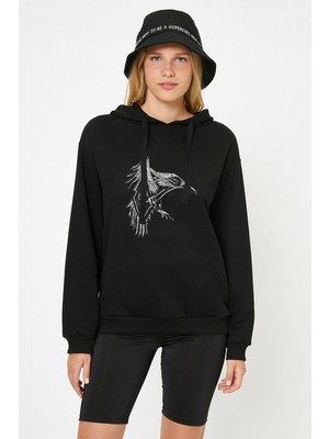 Qivi The Crow Of Ragnar Baskılı Siyah Kadın Örme Kapşonlu Sweashirt Uzun Kol
