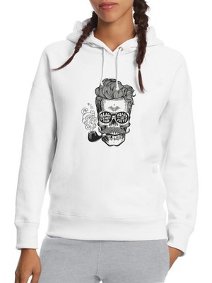 Qivi Pipolu Kurukafa Baskılı Beyaz Kadın Örme Kapşonlu Sweatshirt Uzun Kol