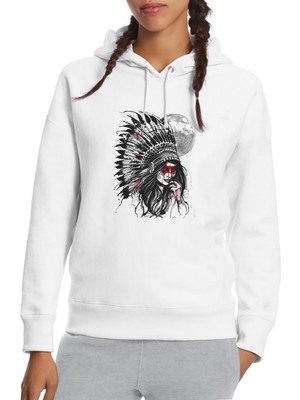 Qivi Kızılderili Kız Ay Baskılı Beyaz Kadın Örme Kapşonlu Sweatshirt Uzun Kol