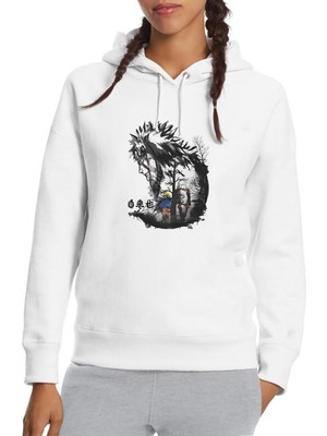 Qivi Naruto Jiraiya Baskılı Beyaz Kadın Örme Kapşonlu Sweatshirt Uzun Kol