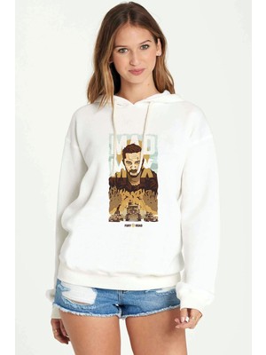 Qivi Mad Max Baskılı Beyaz Kadın Örme Kapşonlu Sweatshirt Uzun Kol