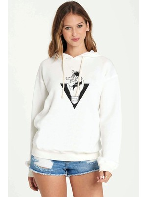 Qivi Astronot Selam Dünyalı Baskılı Beyaz Kadın Örme Kapşonlu Sweatshirt Uzun Kol