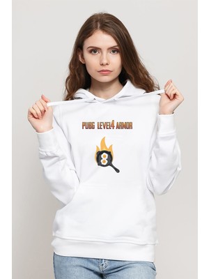Qivi Pubg Lvl4 Armor Baskılı Beyaz Kadın Örme Kapşonlu Sweatshirt Uzun Kol