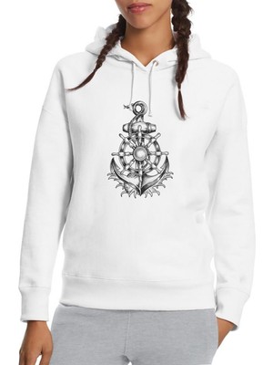 Qivi Çapa ve Dümen Illüstrasyon Gemi Çapa Baskılı Beyaz Kadın Örme Kapşonlu Sweatshirt Uzun Kol