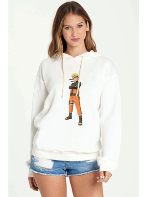 Qivi Anime Naruto Headband Shıppuuden Baskılı Beyaz Kadın Örme Kapşonlu Sweatshirt Uzun Kol