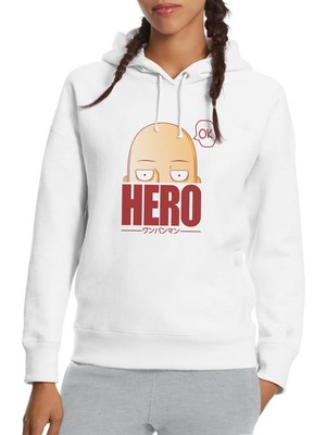 Qivi One Punch Man Hero Baskılı Beyaz Kadın Örme Kapşonlu Sweatshirt Uzun Kol