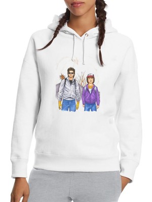 Qivi Stranger Things Steve Dustin Baskılı Beyaz Kadın Örme Kapşonlu Sweatshirt Uzun Kol