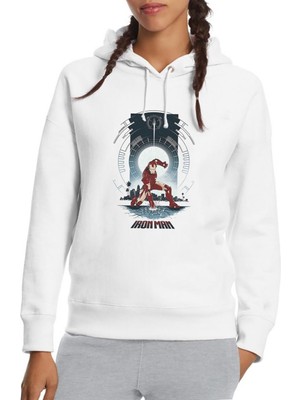 Qivi Iron Man Baskılı Beyaz Kadın Örme Kapşonlu Sweatshirt Uzun Kol