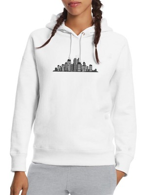 Qivi Silhouette New York City Baskılı Beyaz Kadın Örme Kapşonlu Sweatshirt Uzun Kol