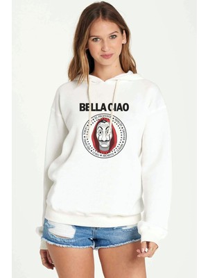 Qivi La Case De Papel Bella Ciao Baskılı Beyaz Kadın Örme Kapşonlu Sweatshirt Uzun Kol