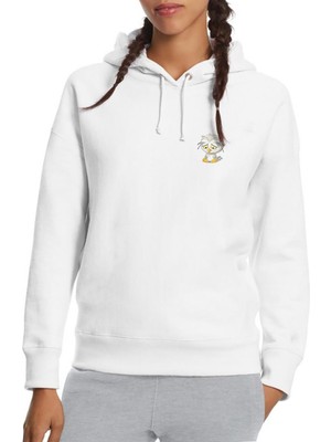 Qivi Üzgün Ağlayan Baykuş Göğüs Baskılı Beyaz Kadın Örme Kapşonlu Sweatshirt Uzun Kol