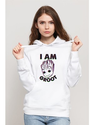 Qivi I Am Groot Baskılı Beyaz Kadın Örme Kapşonlu Sweatshirt Uzun Kol
