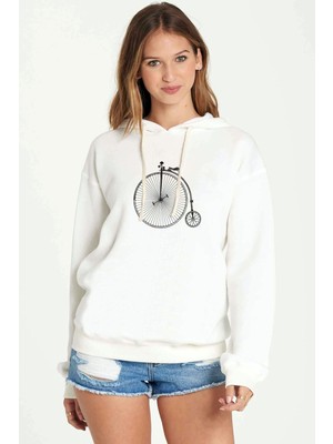 Qivi Bisiklet Büyük Teker Baskılı Beyaz Kadın Örme Kapşonlu Sweatshirt Uzun Kol