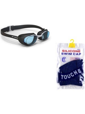 Nabaiji Yüzücü Gözlüğü - Siyah - L  Yetişkin Boy - Şeffaf Camlar - Xbase+Touche Silikon Yüzücü Bonesi