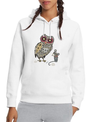 Qivi Baykuş ve Fare Baskılı Beyaz Kadın Örme Kapşonlu Sweatshirt Uzun Kol
