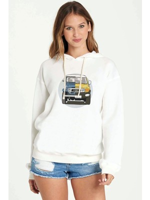 Qivi Jeep Evolution Eski Yeni Baskılı Beyaz Kadın Örme Kapşonlu Sweatshirt Uzun Kol