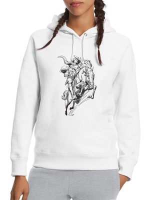 Qivi Ghost Rider Baskılı Beyaz Kadın Örme Kapşonlu Sweatshirt Uzun Kol