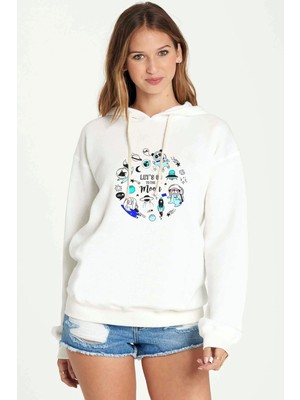 Qivi Let's Go To The Moon Baskılı Beyaz Kadın Örme Kapşonlu Sweatshirt Uzun Kol