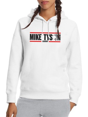 Qivi Mike Tyson Academy Baskılı Beyaz Kadın Örme Kapşonlu Sweatshirt Uzun Kol