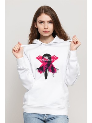 Qivi Malcolm x El Shabazz Baskılı Beyaz Kadın Örme Kapşonlu Sweatshirt Uzun Kol