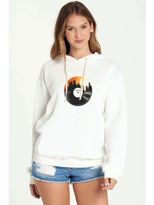 Qivi Silhouette Motown Baskılı Beyaz Kadın Örme Kapşonlu Sweatshirt Uzun Kol