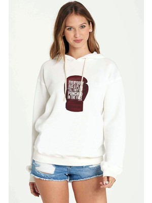 Qivi Mike Tyson Everybody Has A Plan Baskılı Beyaz Kadın Örme Kapşonlu Sweatshirt Uzun Kol
