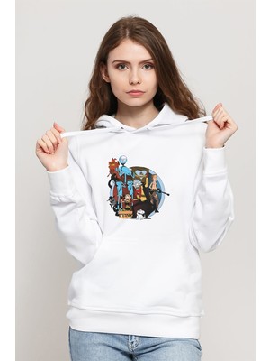 Qivi Rick Carton Baskılı Beyaz Kadın Örme Kapşonlu Sweatshirt Uzun Kol