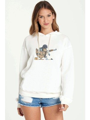 Qivi Pubg Pubg Tavuk Baskılı Beyaz Kadın Örme Kapşonlu Sweatshirt Uzun Kol