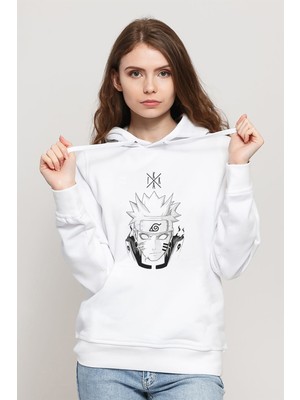 Qivi Anime Naruto Baskılı Beyaz Kadın Örme Kapşonlu Sweatshirt Uzun Kol
