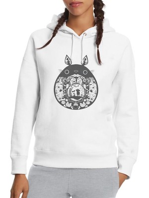 Qivi Komşum Totoro Baskılı Beyaz Kadın Örme Kapşonlu Sweatshirt Uzun Kol